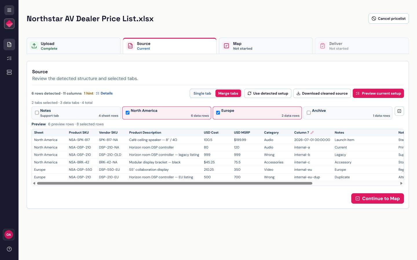 Rubi PL showing cleaned product rows from selected workbook tabs in a consistent source preview