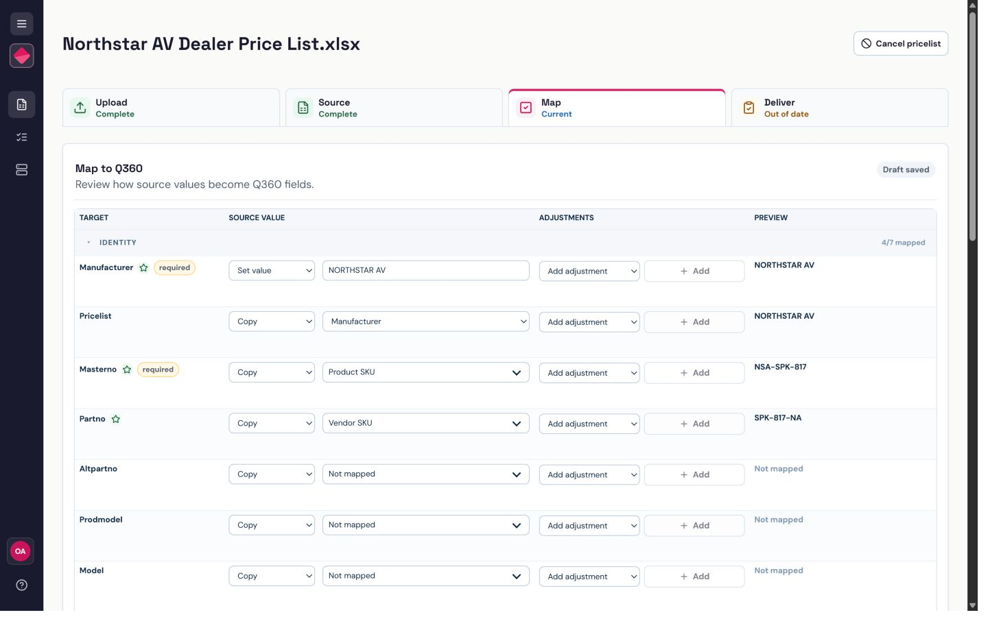 Rubi PL Map step showing vendor columns mapped to destination fields