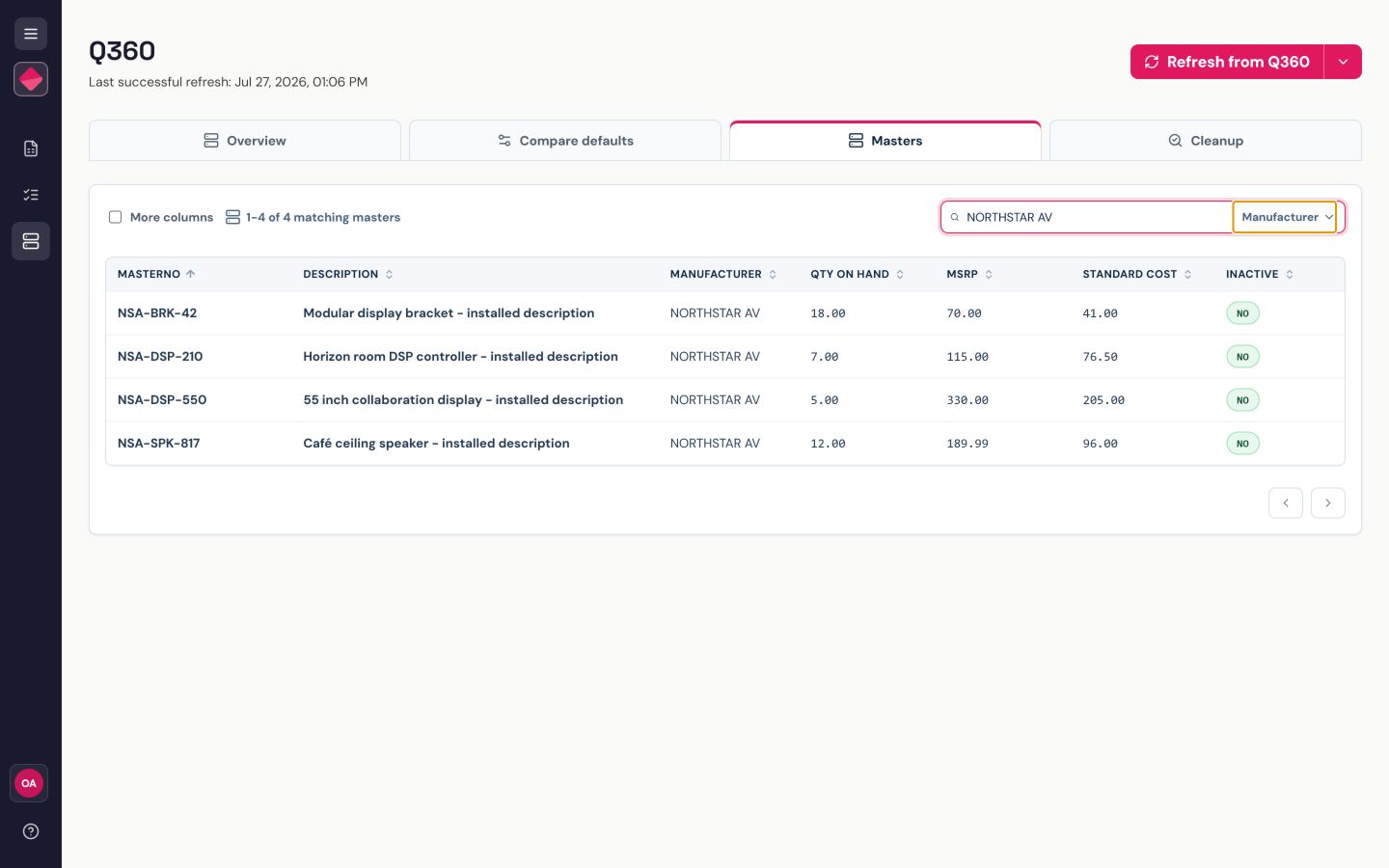 Rubi PL showing current Q360 product records available for loadsheet comparison